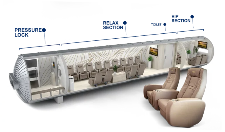 Professional interior of normobaric oxygen chamber at Oxygen Clinic in Hanley, Stoke-on-Trent, showing spacious comfortable seating arrangement, modern wellness facility design, clean professional environment, and state-of-the-art oxygen therapy technology for health recovery, athletic performance, and anti-aging benefits
