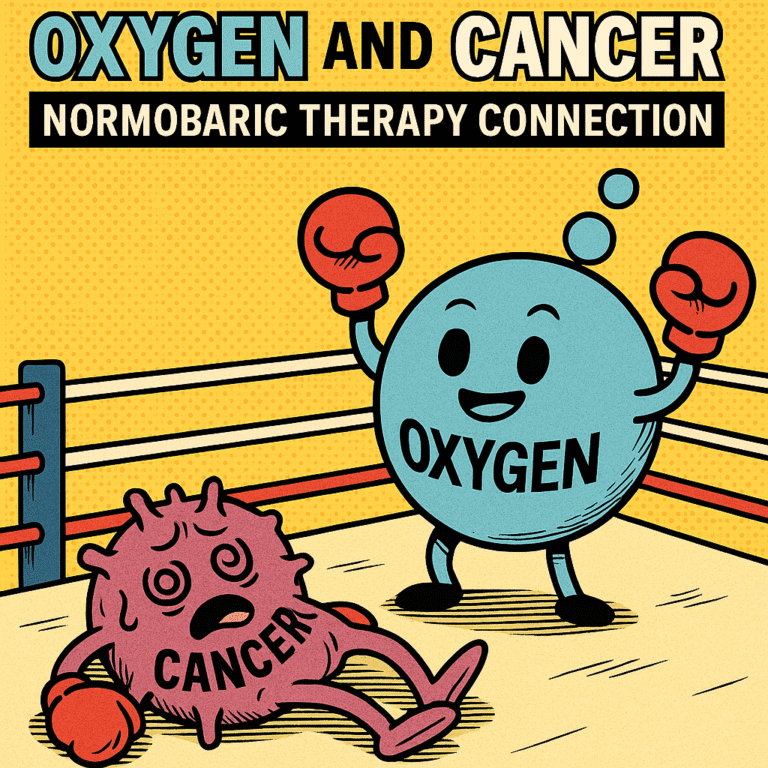 Comic-style illustration of oxygen defeating cancer in a boxing ring, symbolising how normobaric oxygen therapy supports natural recovery and wellbeing.