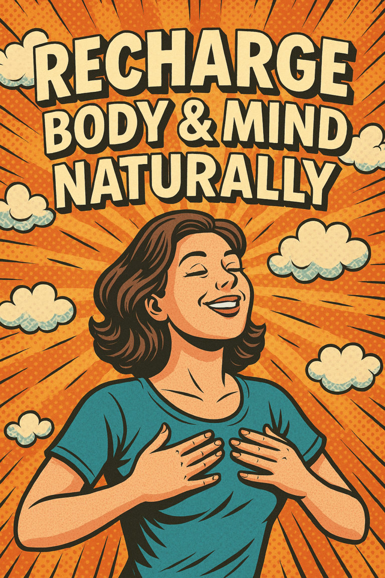 Comic-style wellness illustration showing a smiling woman inhaling deeply with text “Recharge Body & Mind Naturally”.
